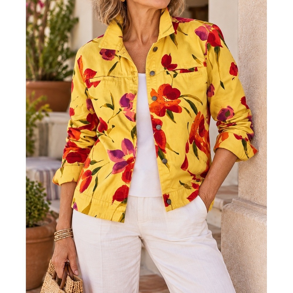 Chicos Design Yellow Floral Beaded Cotton Denim Style Jacket Size 3 Large XL